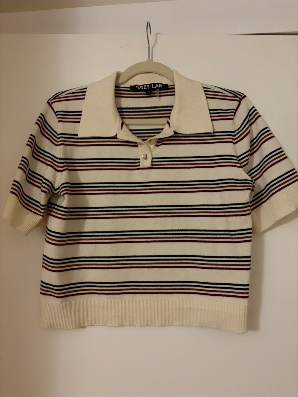 GREY LAB Cream Polo Top with Navy and Burgundy Stripes